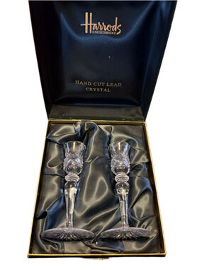 Harrods Vintage Hand Cut Lead Crystal Taper Candlestick Holders Size 6” Tall